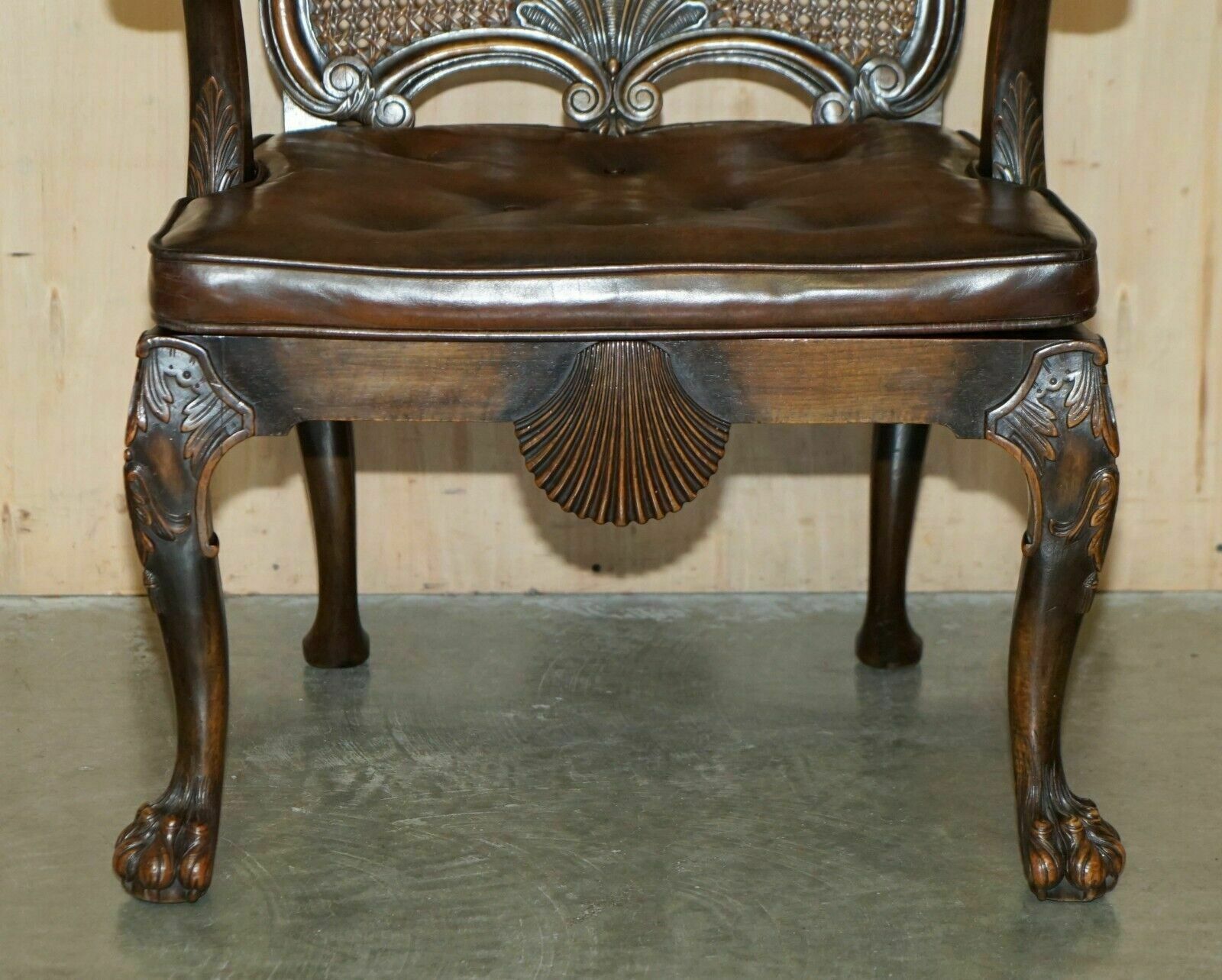 2750.0 Victorian Thomas Chippendale Lion's Hairy Paw Bergere Brown Leather Armchair photo