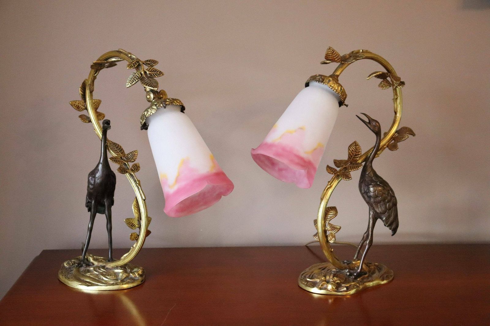 Pair Of French Art Nouveau Bronze Heron Desk Lamps Muller Freres Luneville 1920's (St.24)