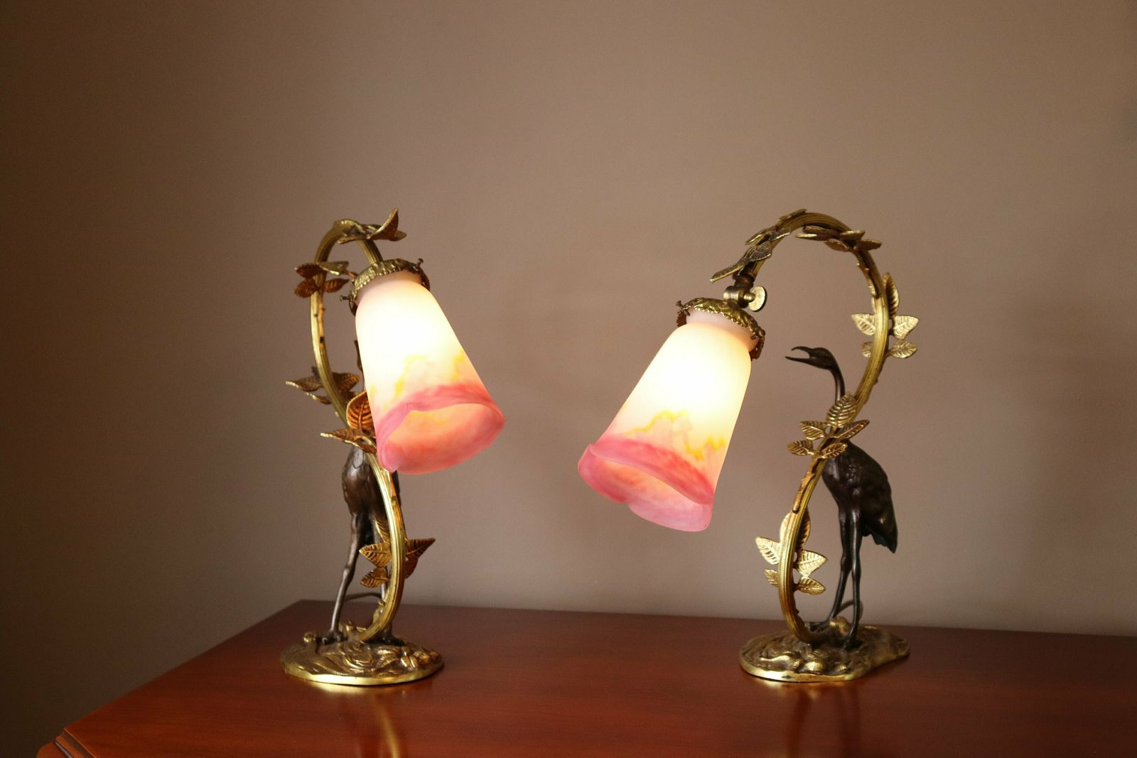 Pair Of French Art Nouveau Bronze Heron Desk Lamps Muller Freres Luneville 1920's (St.24) photo Lighting