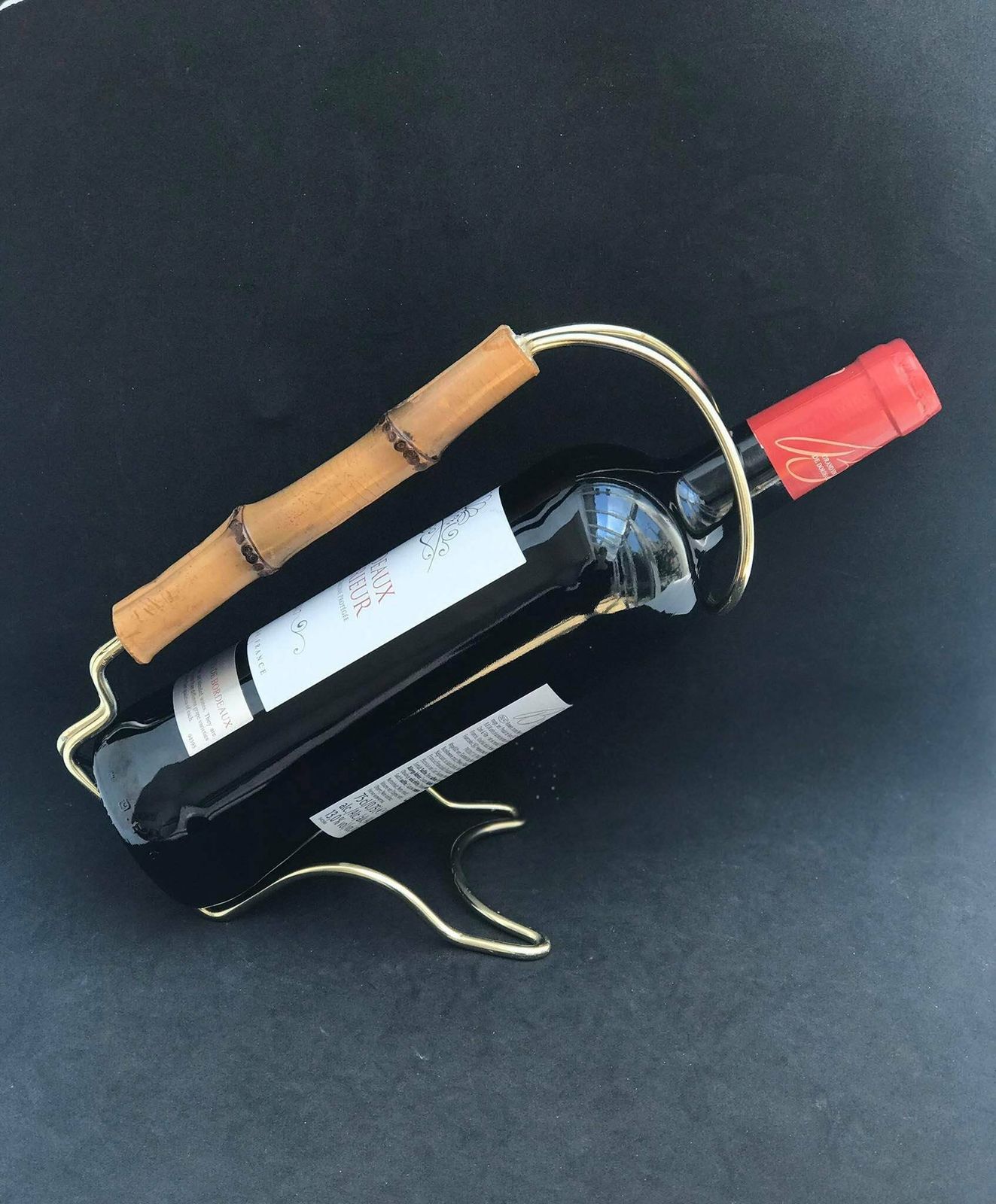 Wine Stand Bottle Holder Wine Pourer Stand Caddy Gold Light Wire And Bamboo On The Handle, 70s Bar Cart Hollywood Regency Gift For Him