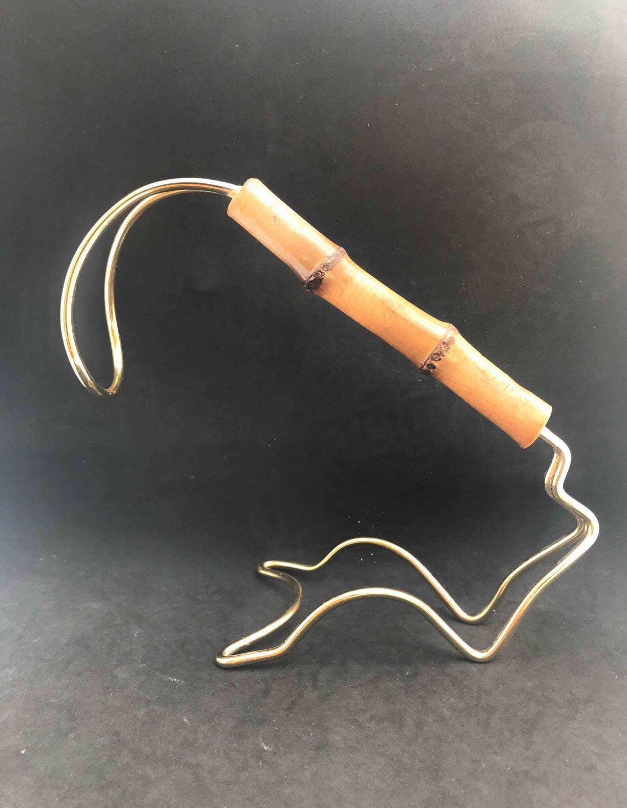 Wine Stand Bottle Holder Wine Pourer Stand Caddy Gold Light Wire And Bamboo On The Handle, 70s Bar Cart Hollywood Regency Gift For Him photo for sale