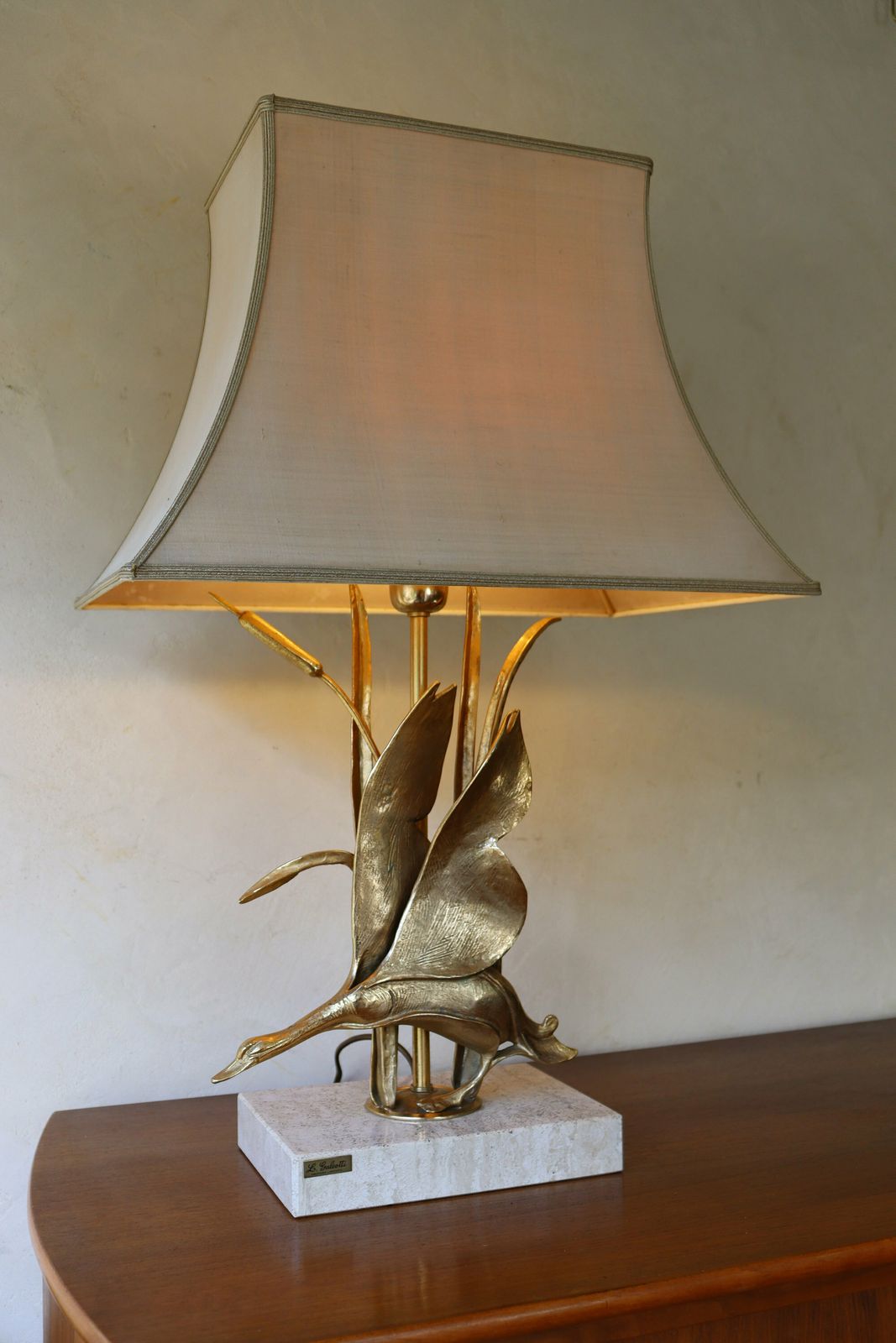 Hollywood Regency Desk Or Table Lamp , Italian Design Vintage Brass Bird And Travertine By L. Galeotti 1970's (St.20) photo 575.0