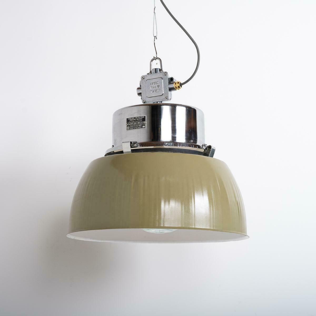 Xl Polish Factory Lights With Prismatic Glass   Olive Green / Polished Steel