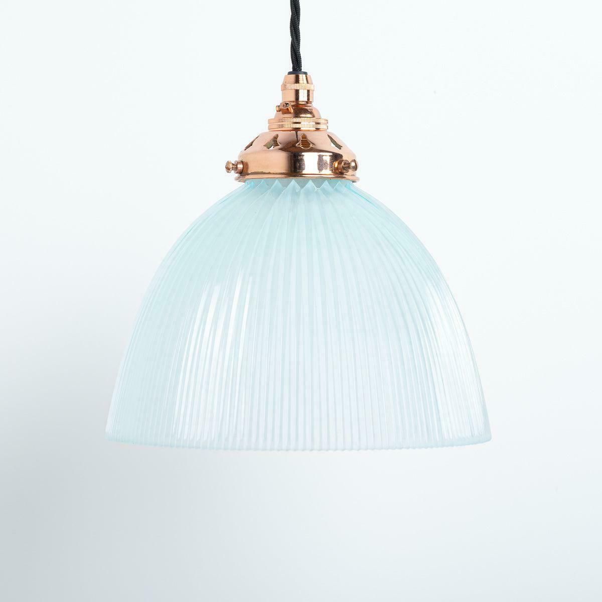 Antique Holophane E100 Blue Frosted Prismatic Glass & Copper Pendant Lights photo vintage
