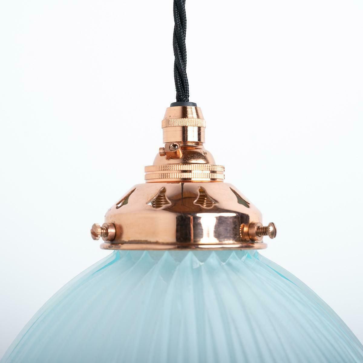 245.0 Antique Holophane E100 Blue Frosted Prismatic Glass & Copper Pendant Lights photo