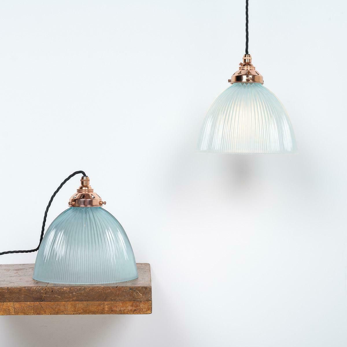 photo buy Antique Holophane E100 Blue Frosted Prismatic Glass & Copper Pendant Lights