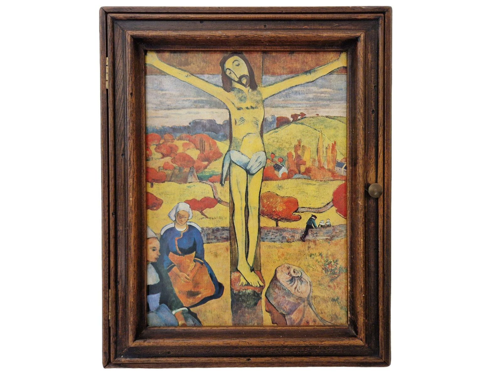 French Wooden Key Holder Cabinet With Paul Gauguin Art Print, The Yellow Christ, Entryway And Kitchen Hanging Hooks