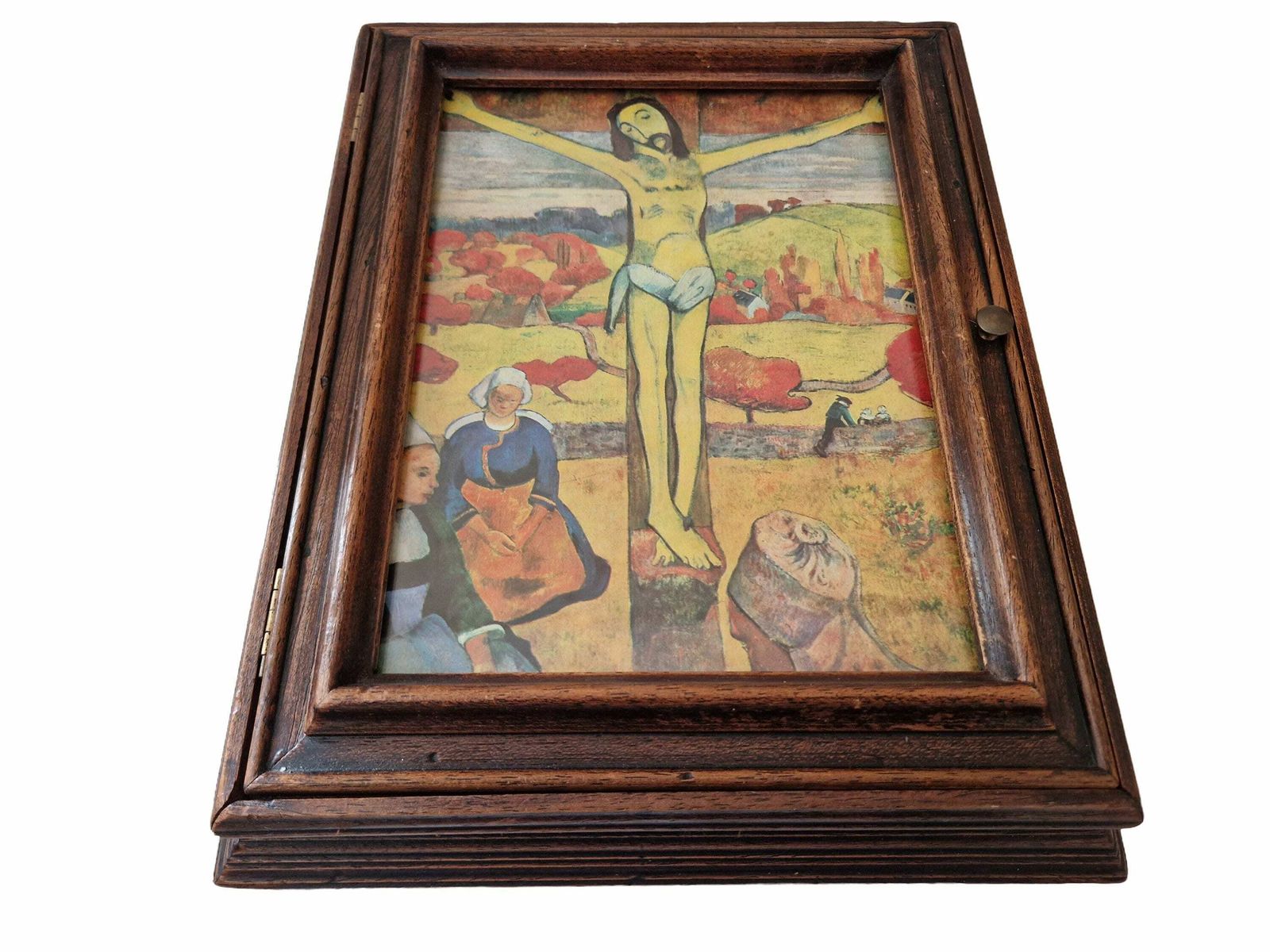 Franse houten sleutelkastje met kunstprint van Paul Gauguin, The Yellow Christ, wandhaken voor hal en keuken photo 102.0
