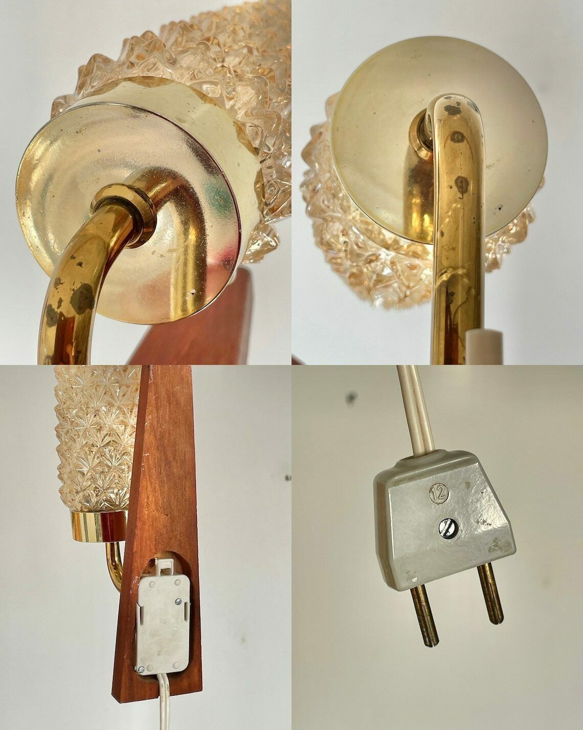 Single Danish Mid Century Teak Wooden Wall Lamp With Heavy Amber Glass Shade In Spike Pattern photo vintage