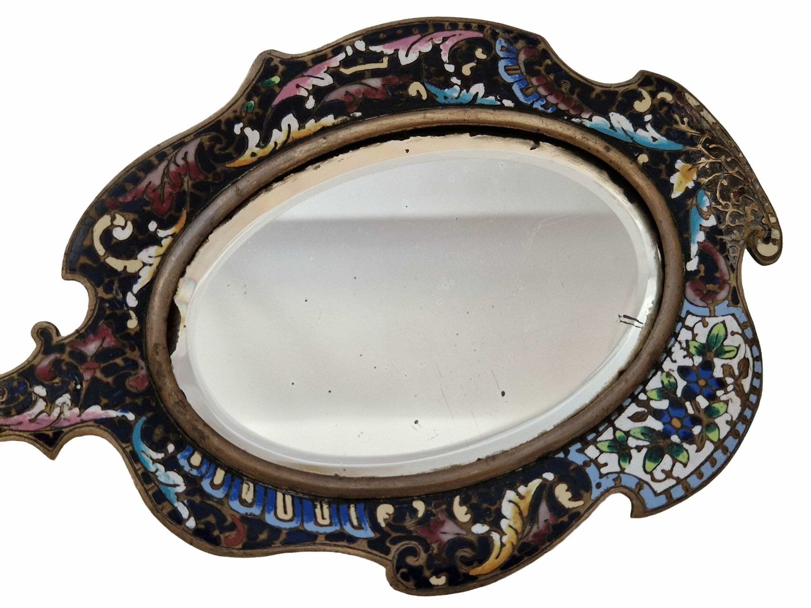 Champleve Hand Mirror With Beveled Glass, Antique French Brass And Enamel Cloisonné Looking Glass photo buy