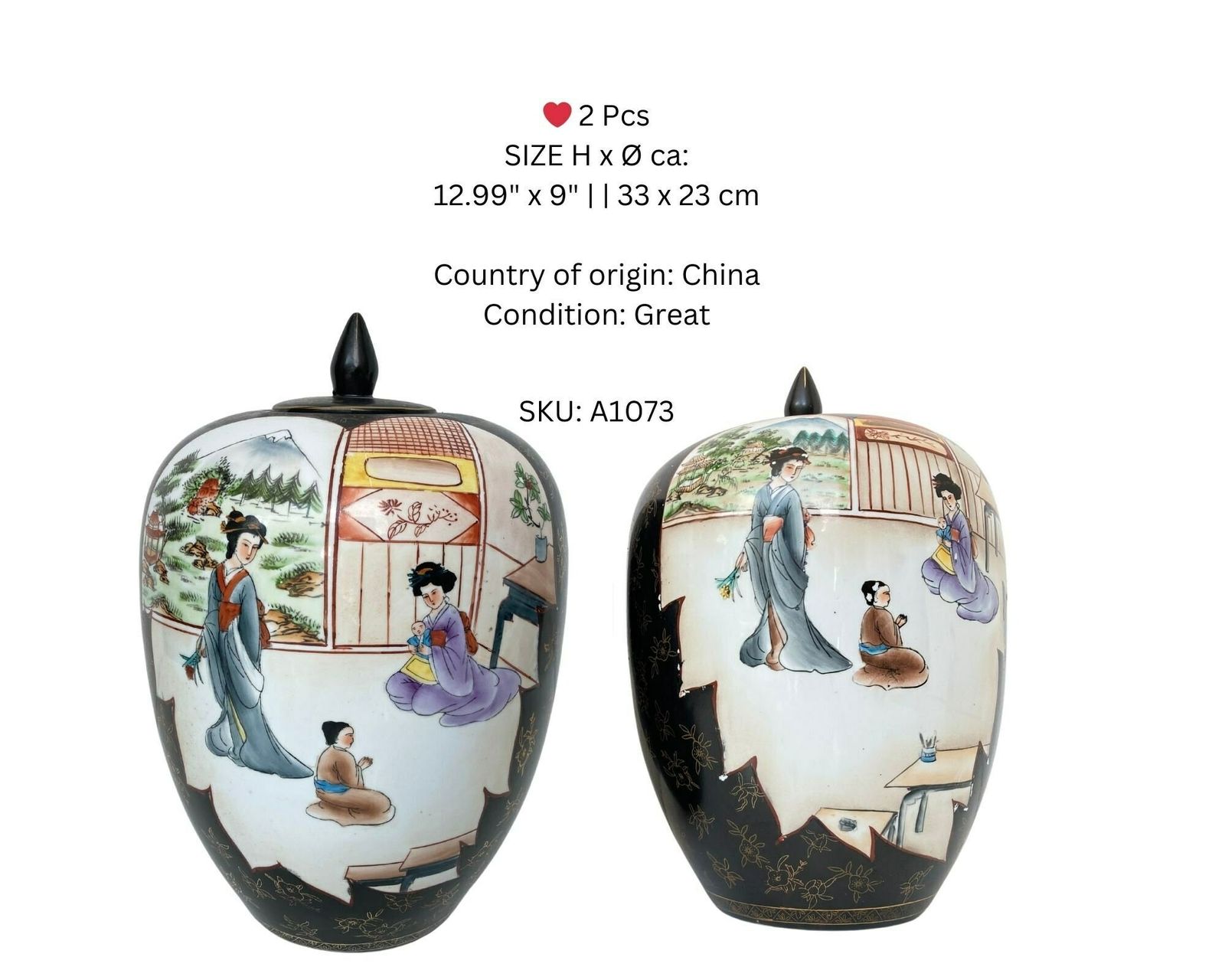 Paar Zwarte Chinese Vazen | 2 Stuks Handgeschilderd | Geisha photo furniture