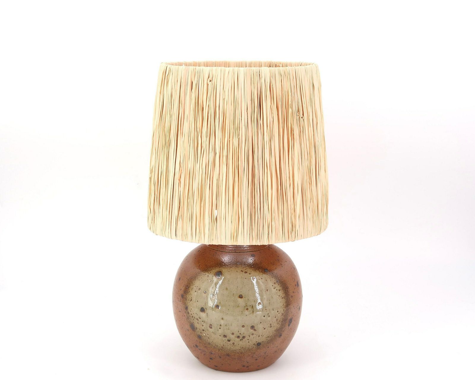 French Handmade Stoneware Ceramic Potter Table Lamp By Jacques Vilain, Raffia Shade, 1970s / Brown Beige, Boho Chic, Folk, Country photo furniture