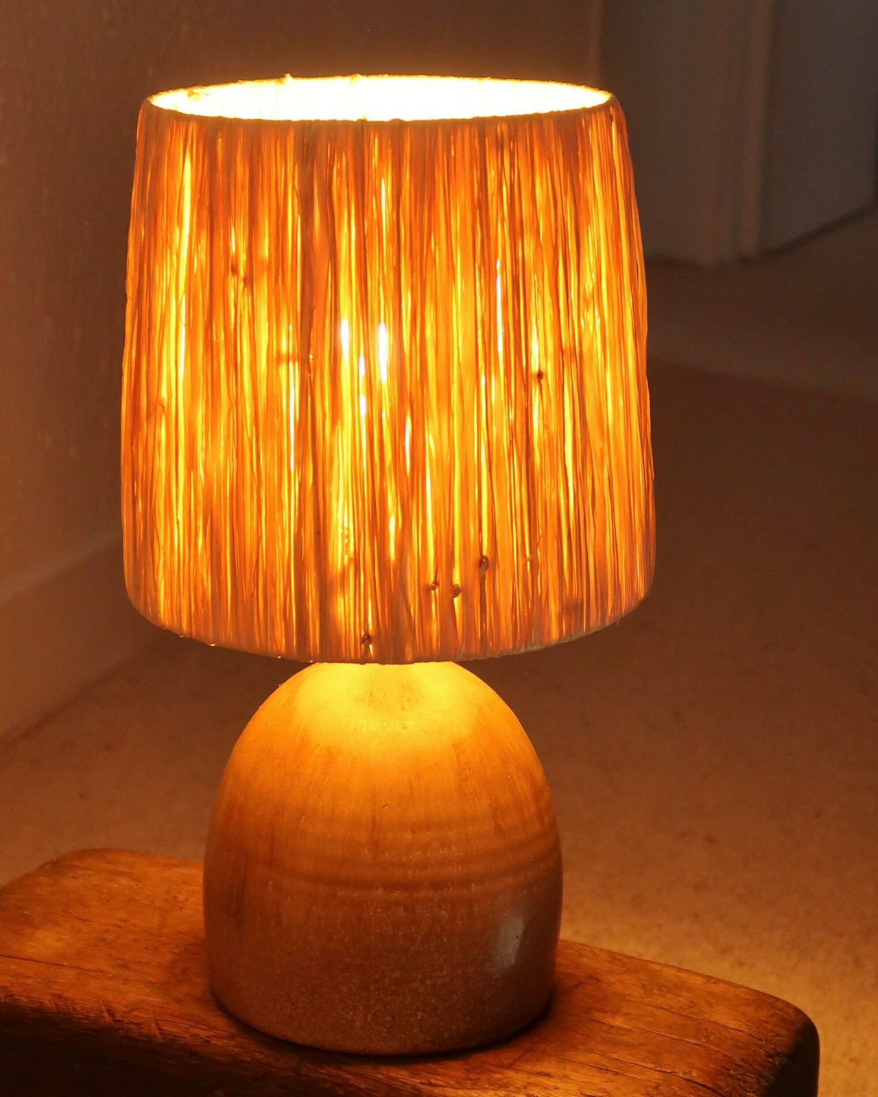 French Brown Ceramic Table Lamp, Raffia Shade, 1970s / Stoneware, Beige, Boho Chic, Folk, Country photo buy