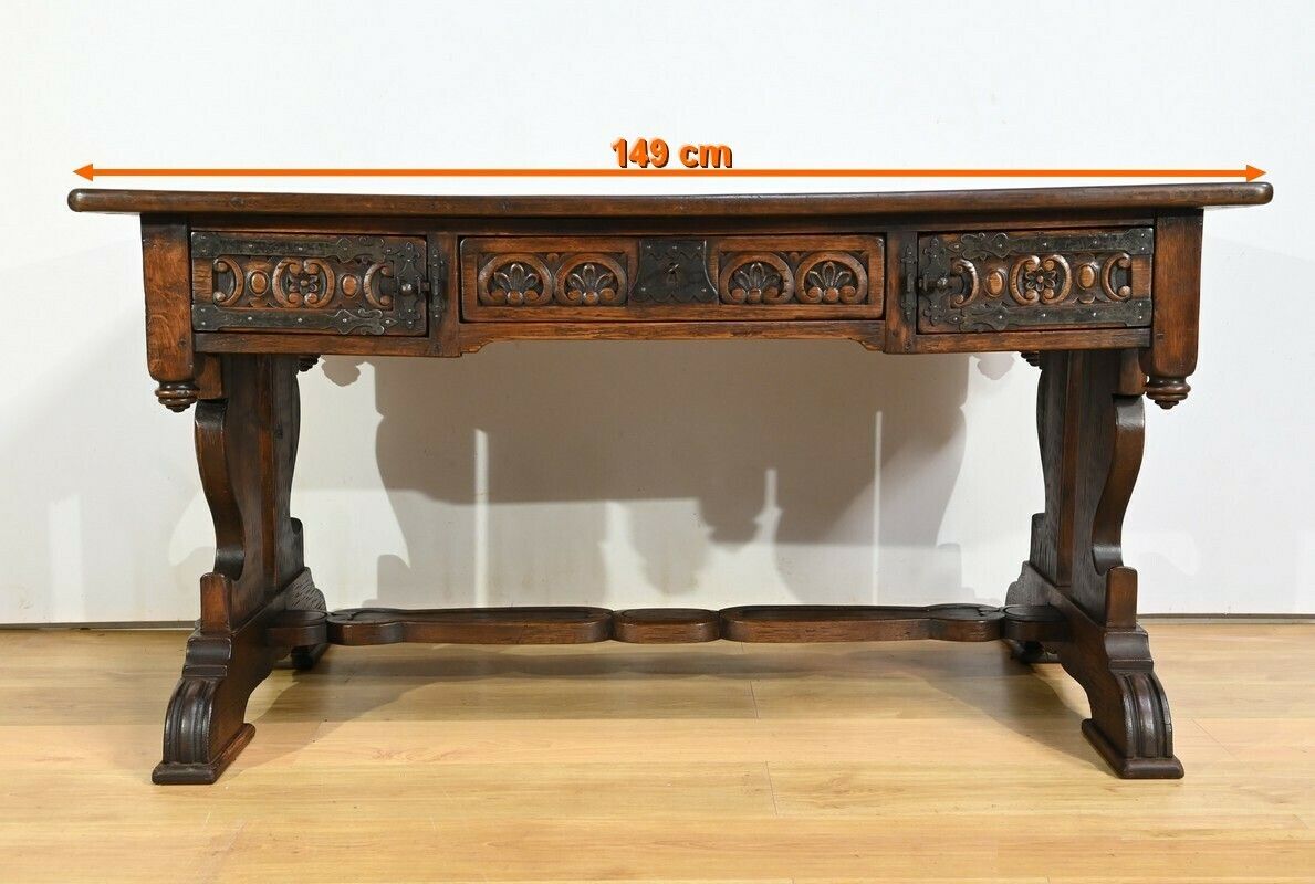 Oak Desk Table, Neo Gothic Style – Early 20th Century photo furniture