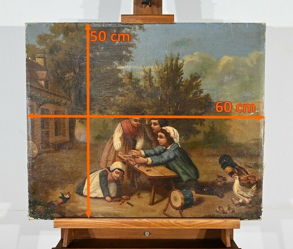 photo vintage Oil On Canvas “Children’s Games”, 19th Century French School