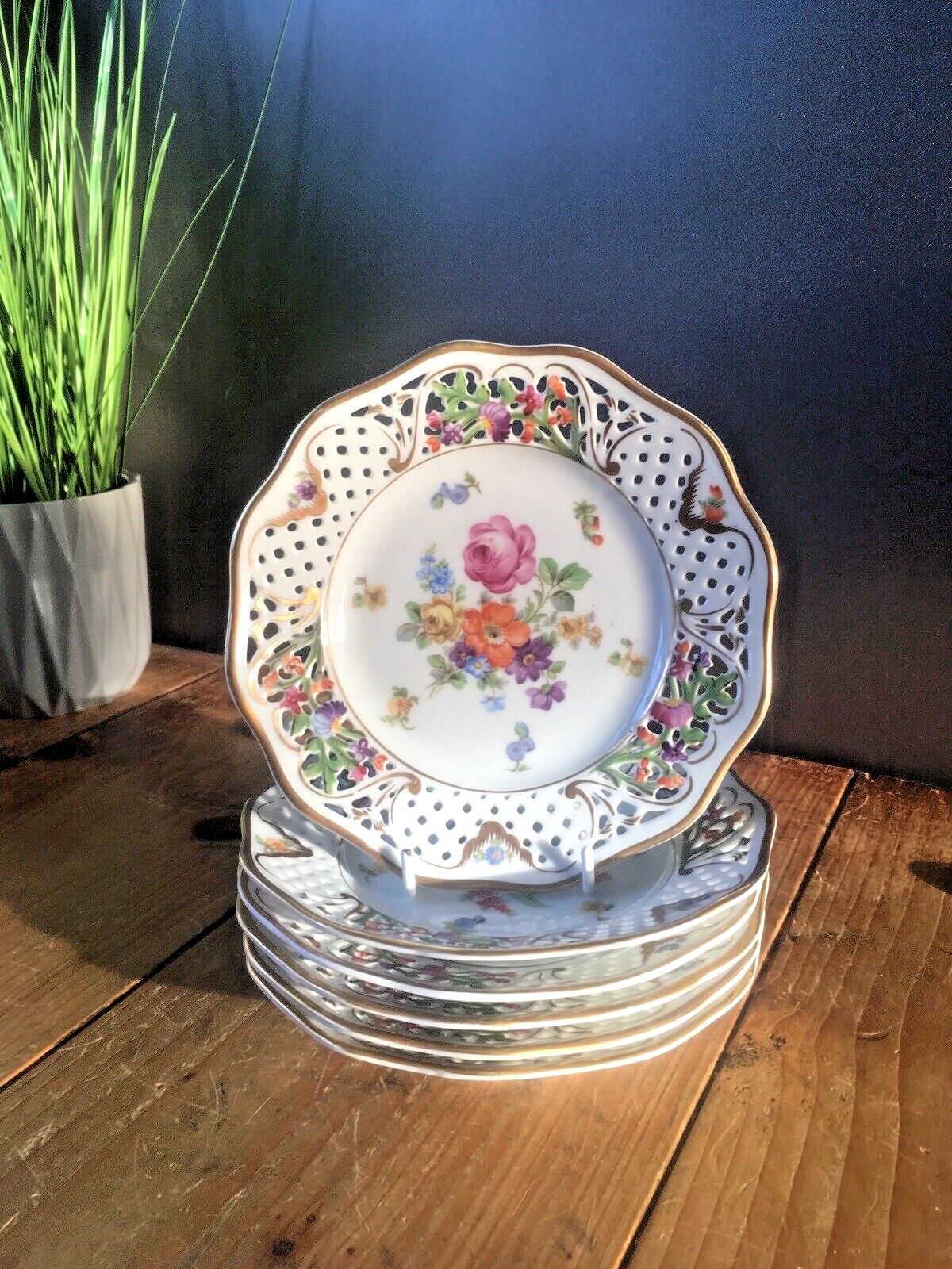 6 Antique German Schumann Porcelain Floral Sprays Basket Weave Cabinet Plates