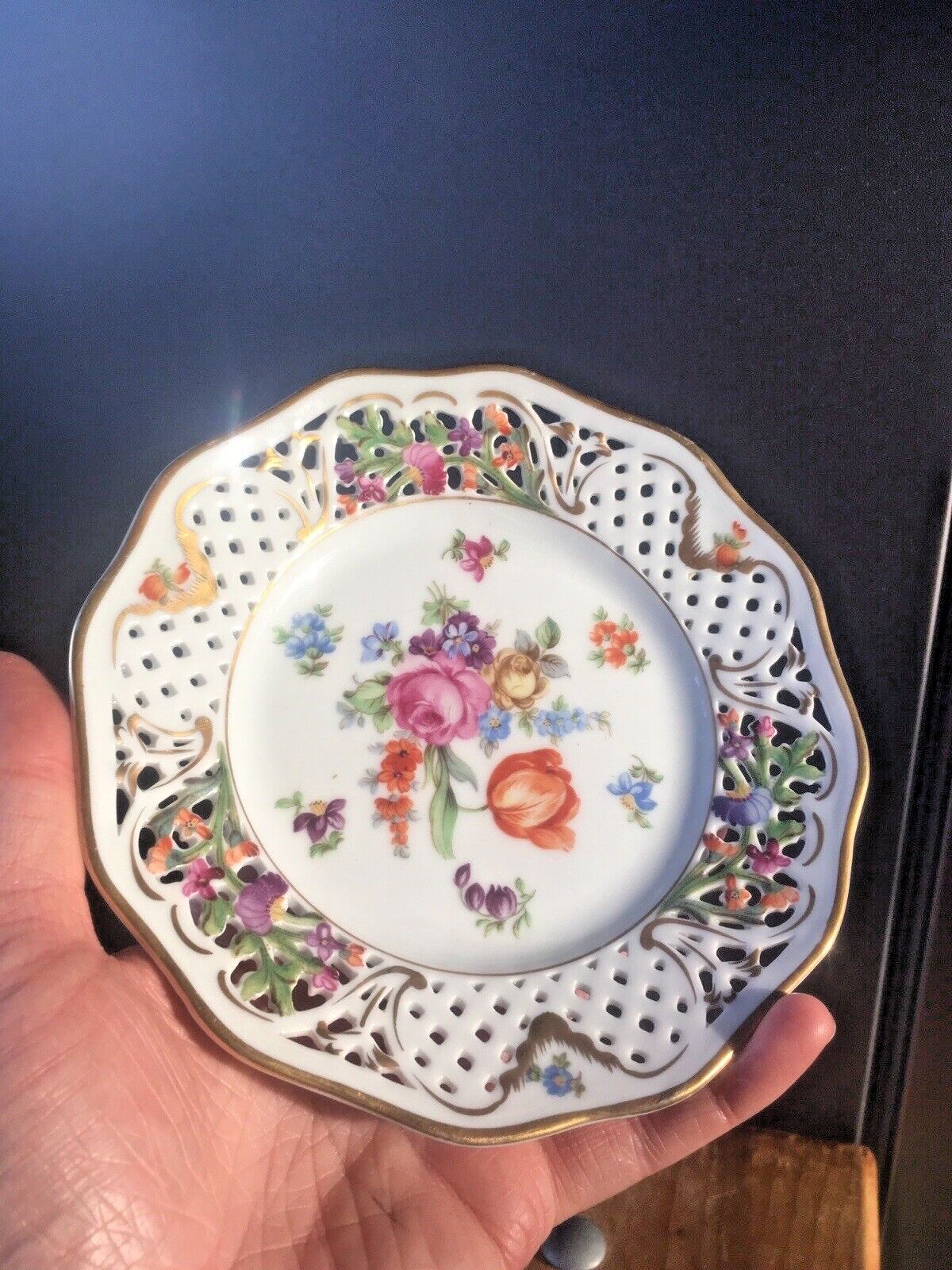 6 Antique German Schumann Porcelain Floral Sprays Basket Weave Cabinet Plates photo vintage