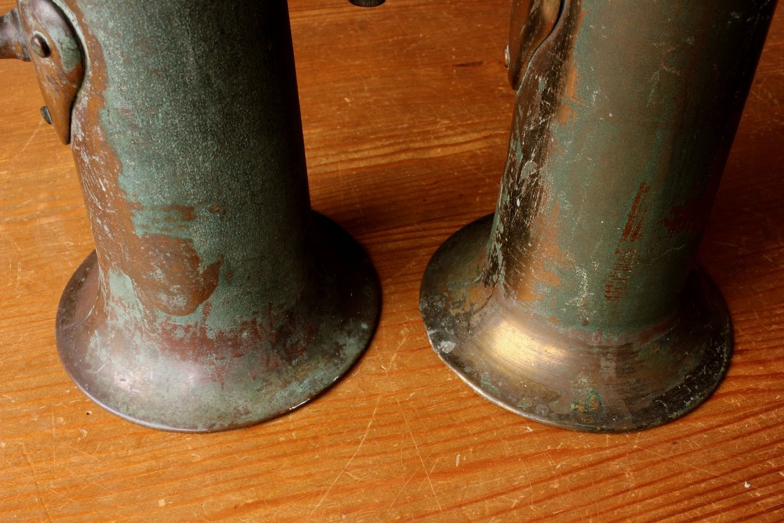 Steam Ship Boiler Room Test Jugs. Art Nouveau Rustic Verdigris Vases. photo 305.0