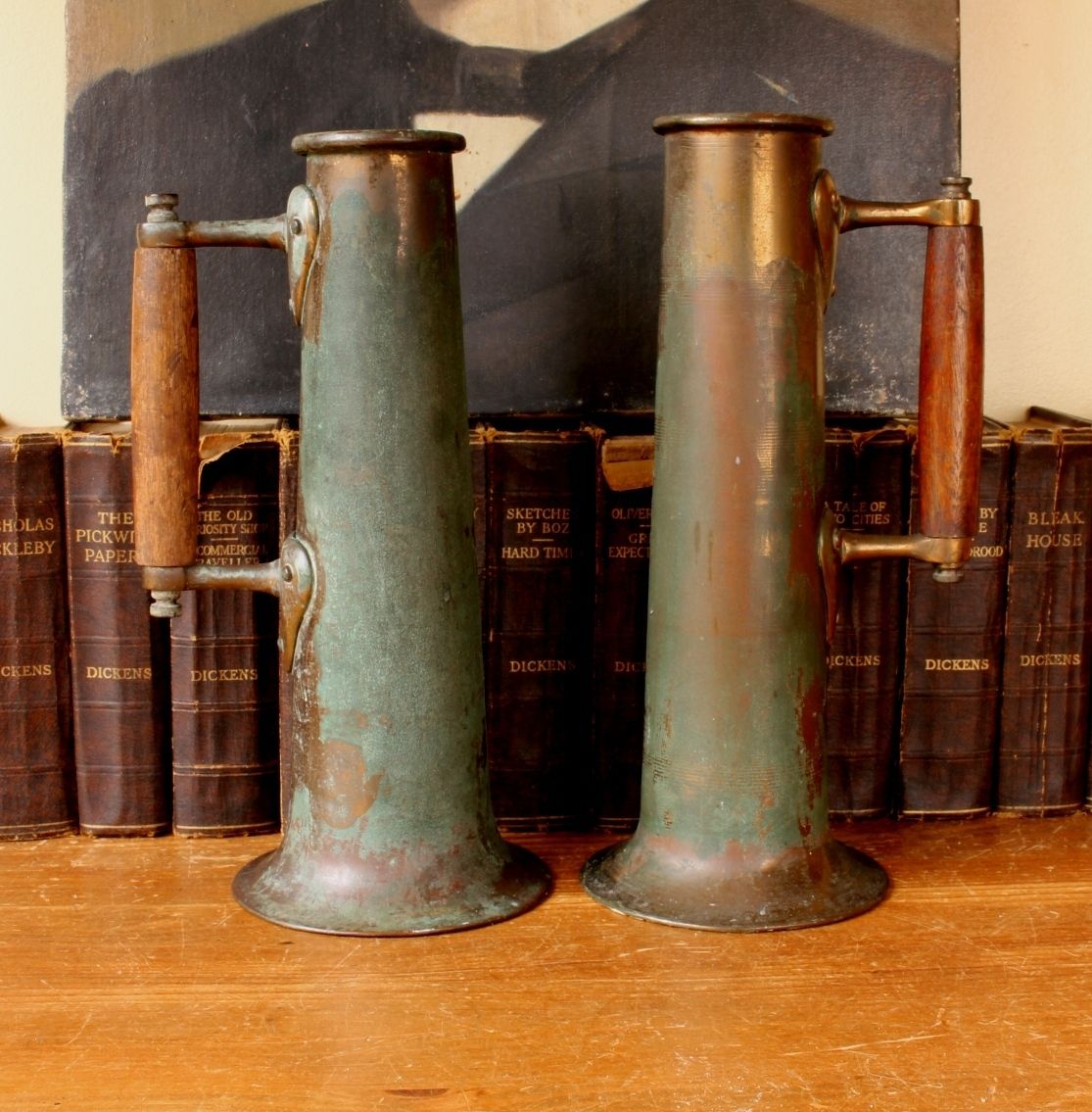Home Decor Steam Ship Boiler Room Test Jugs. Art Nouveau Rustic Verdigris Vases. photo