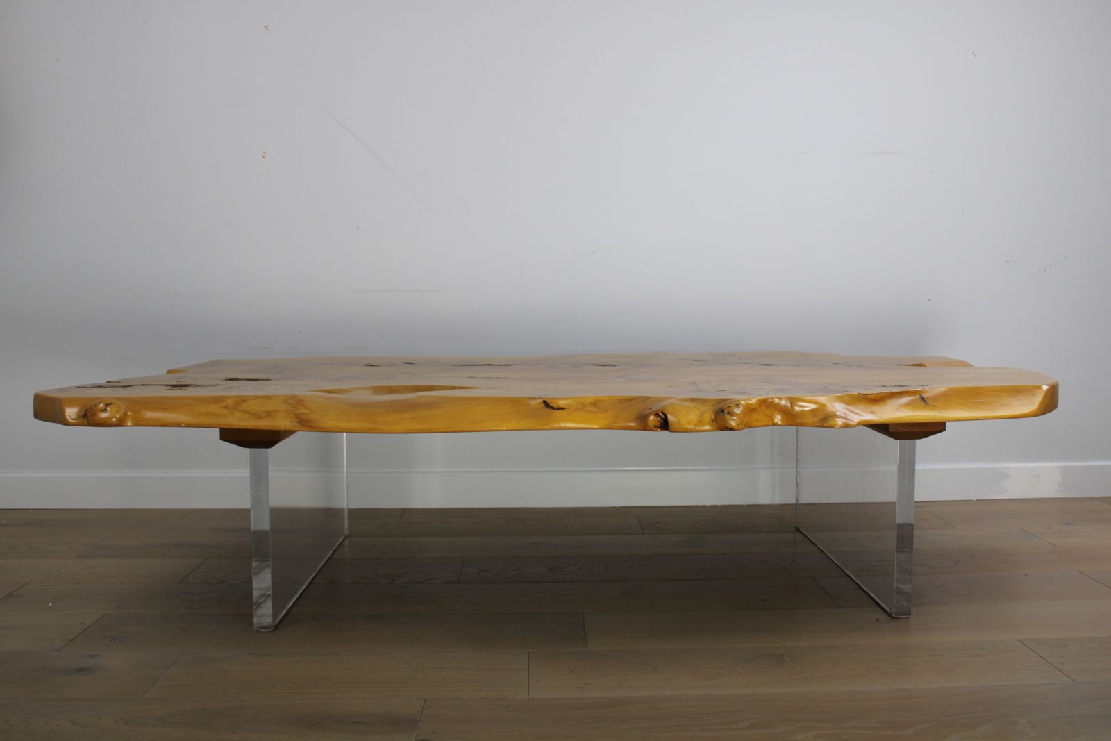 'Floating' Mid Century Italian Burr Elm Coffee Table On Lucite Blocks