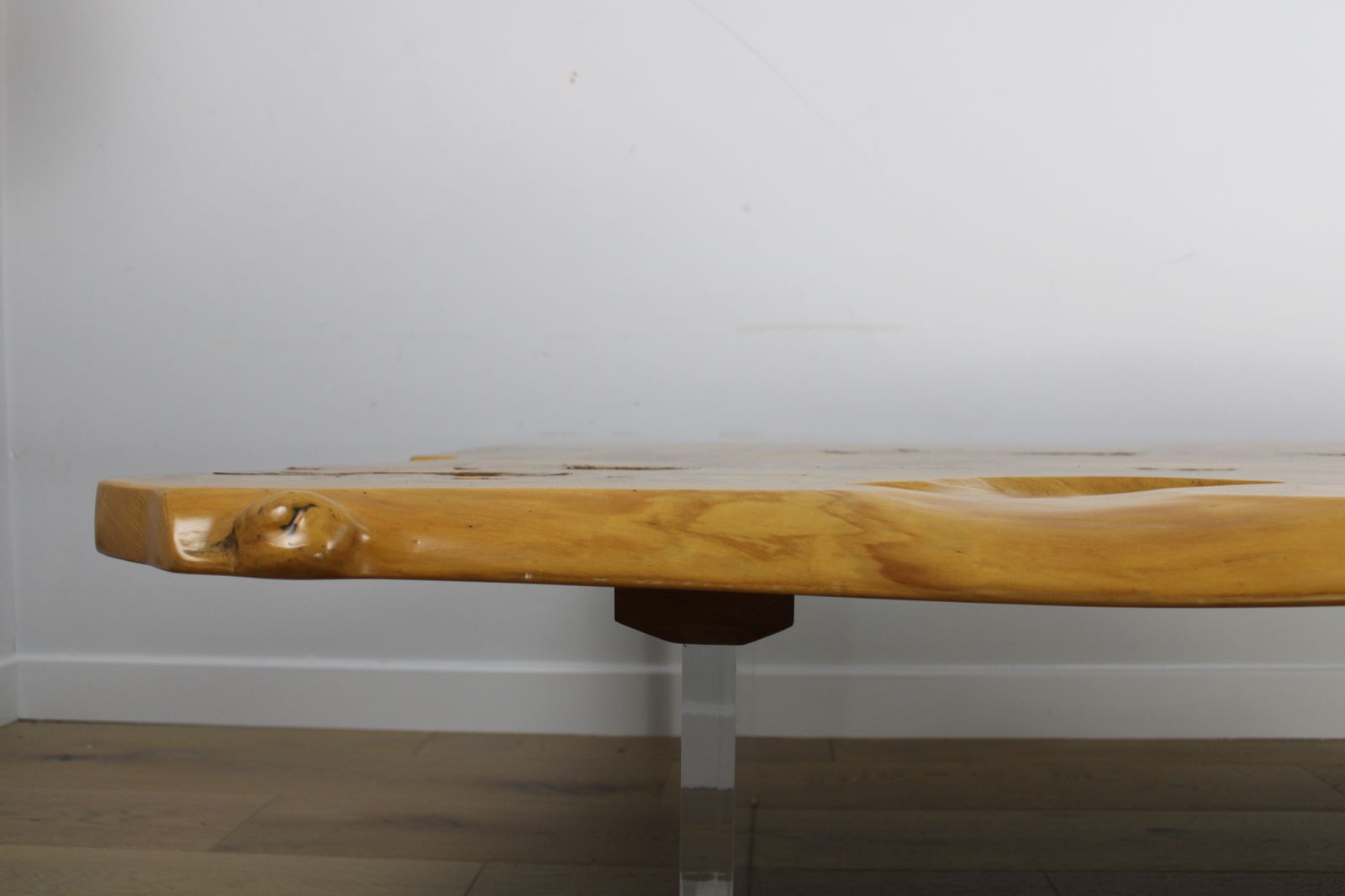 Furniture 'Floating' Mid Century Italian Burr Elm Coffee Table On Lucite Blocks photo