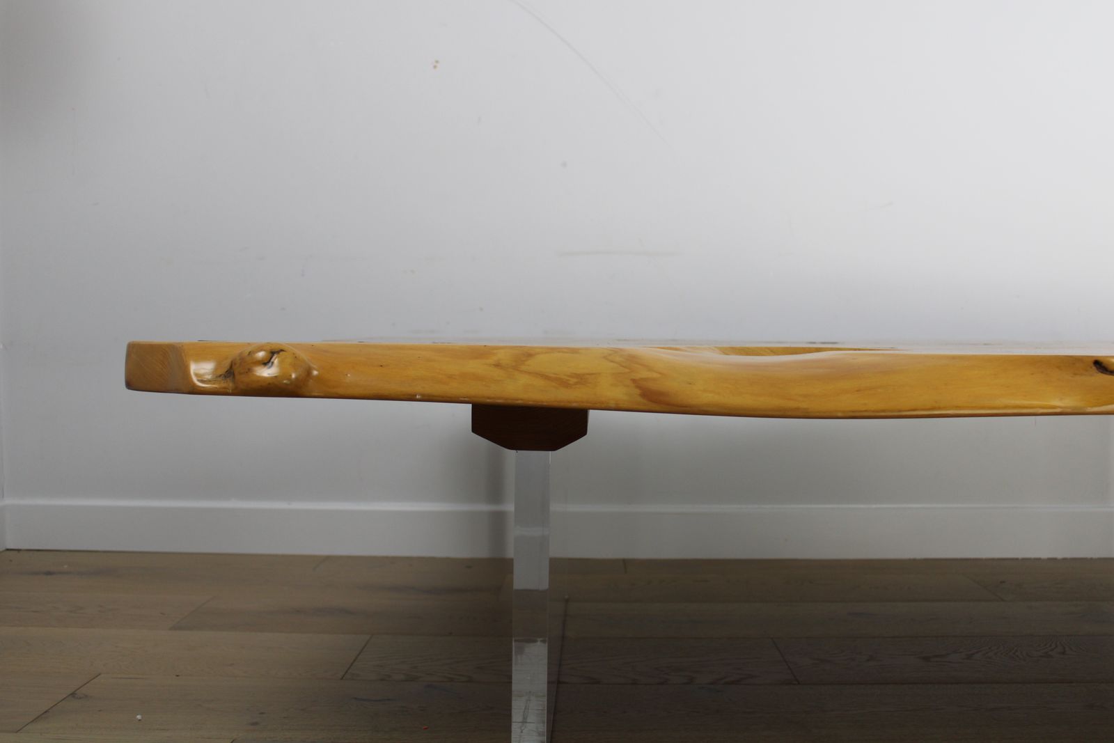 photo for sale 'Floating' Mid Century Italian Burr Elm Coffee Table On Lucite Blocks