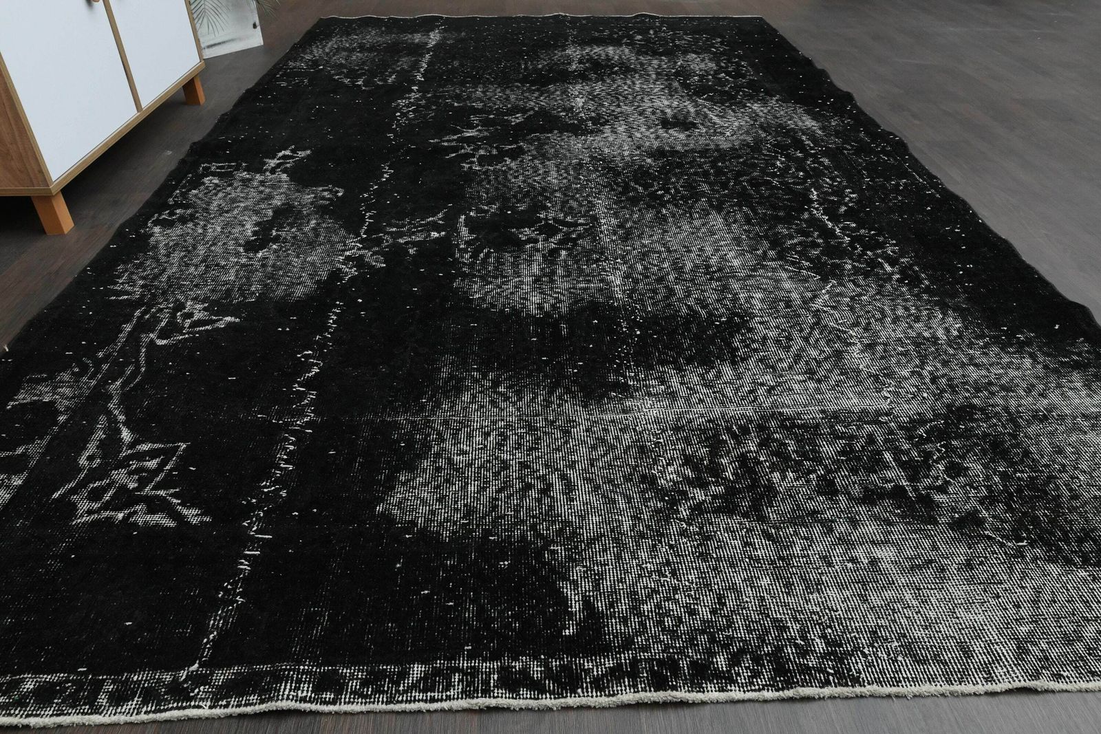 6x10 Distressed Solid Black Wool Vintage Rug, Handmade Turkish Oushak Rug, Living Room Rug, Bedroom Rug, Antique, 6x10 Area Rug, 6.4x10.4 Ft