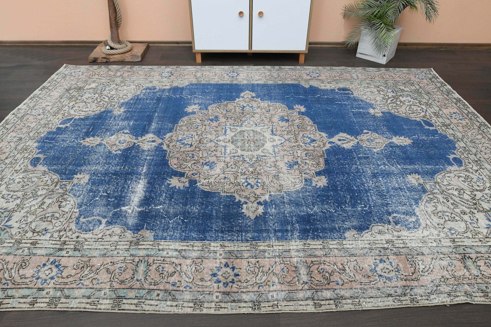 7x10 Pink Blue Oushak Wool Rug, Handmade Vintage Turkish Rug, Antique Large Rug, Home Decor, Living Room Rug, 7x10 Area Rug, Distressed Rug photo for sale
