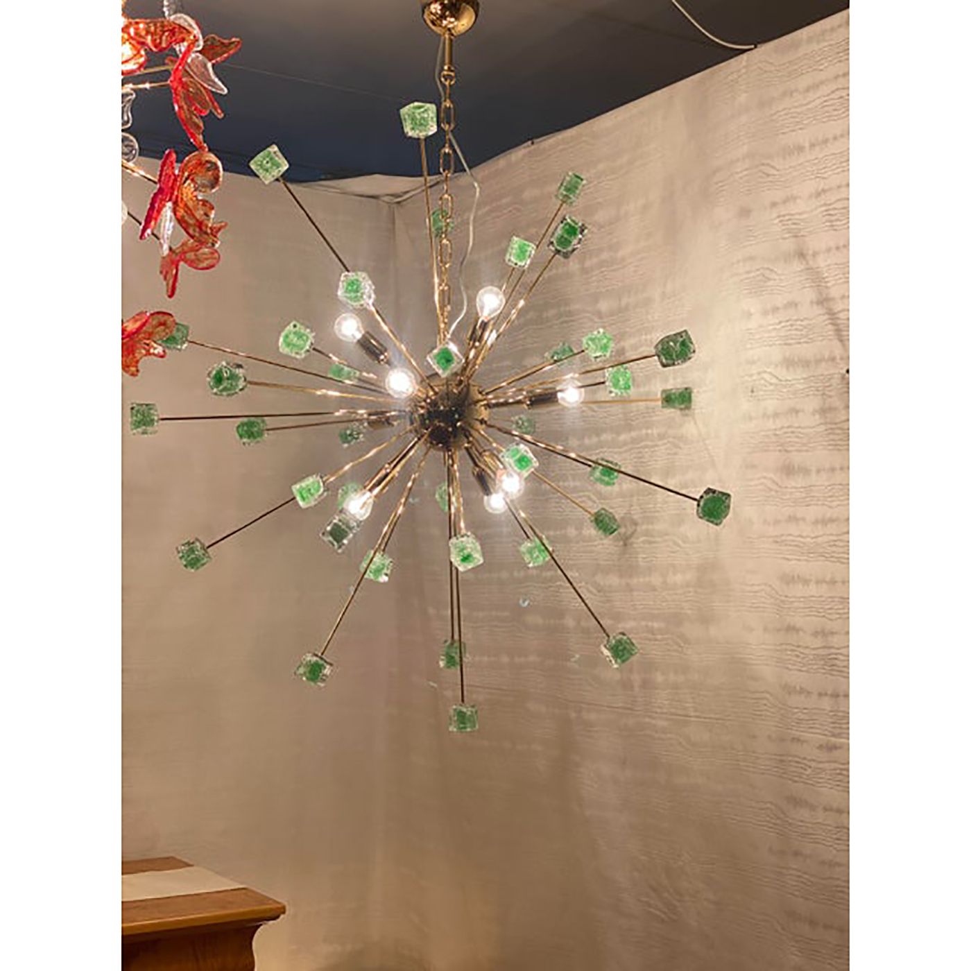 Green Cubes Murano Glass Gold Sputnik Chandelier photo vintage