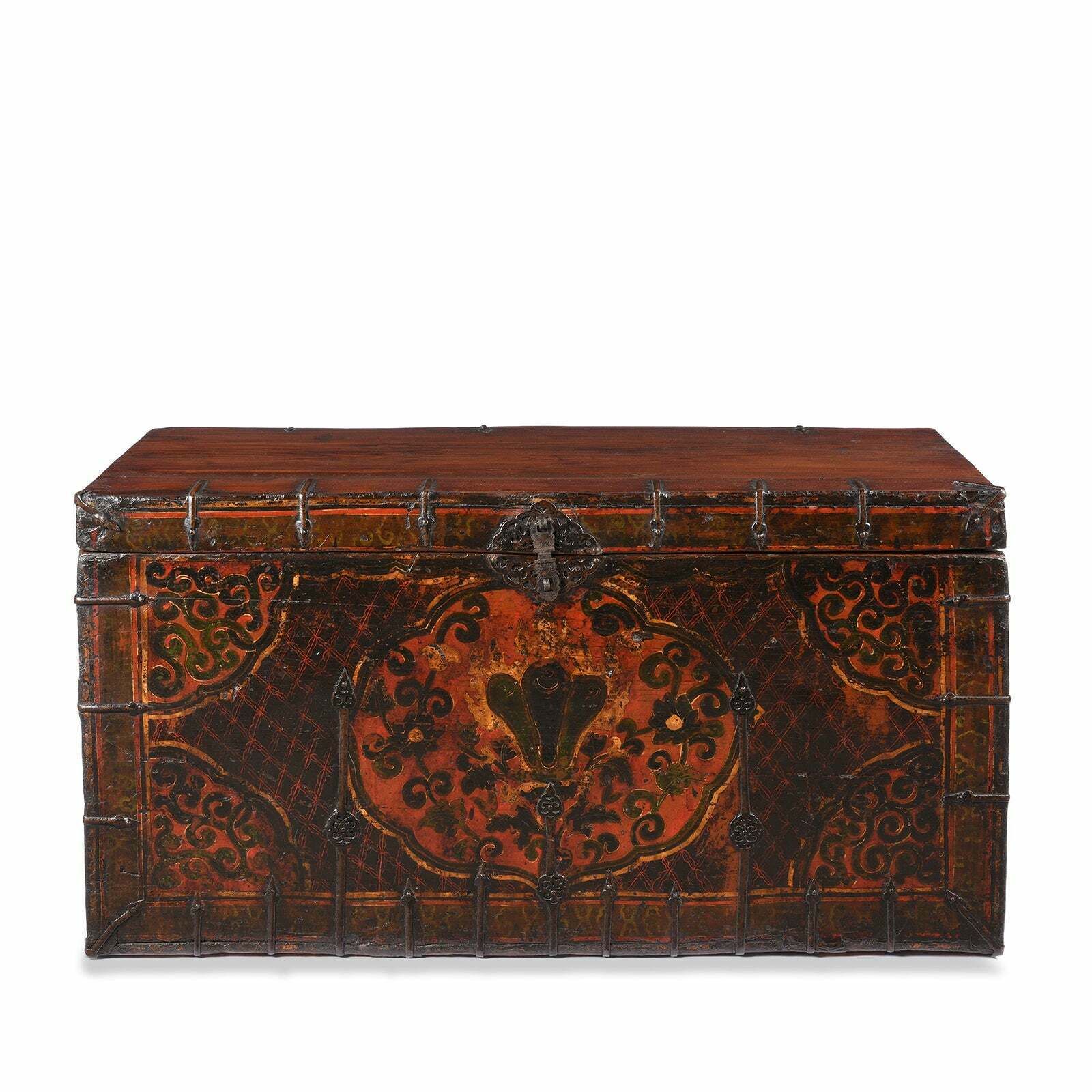 Antique Painted Tibetan Chest With Flaming Jewels, 18th Century