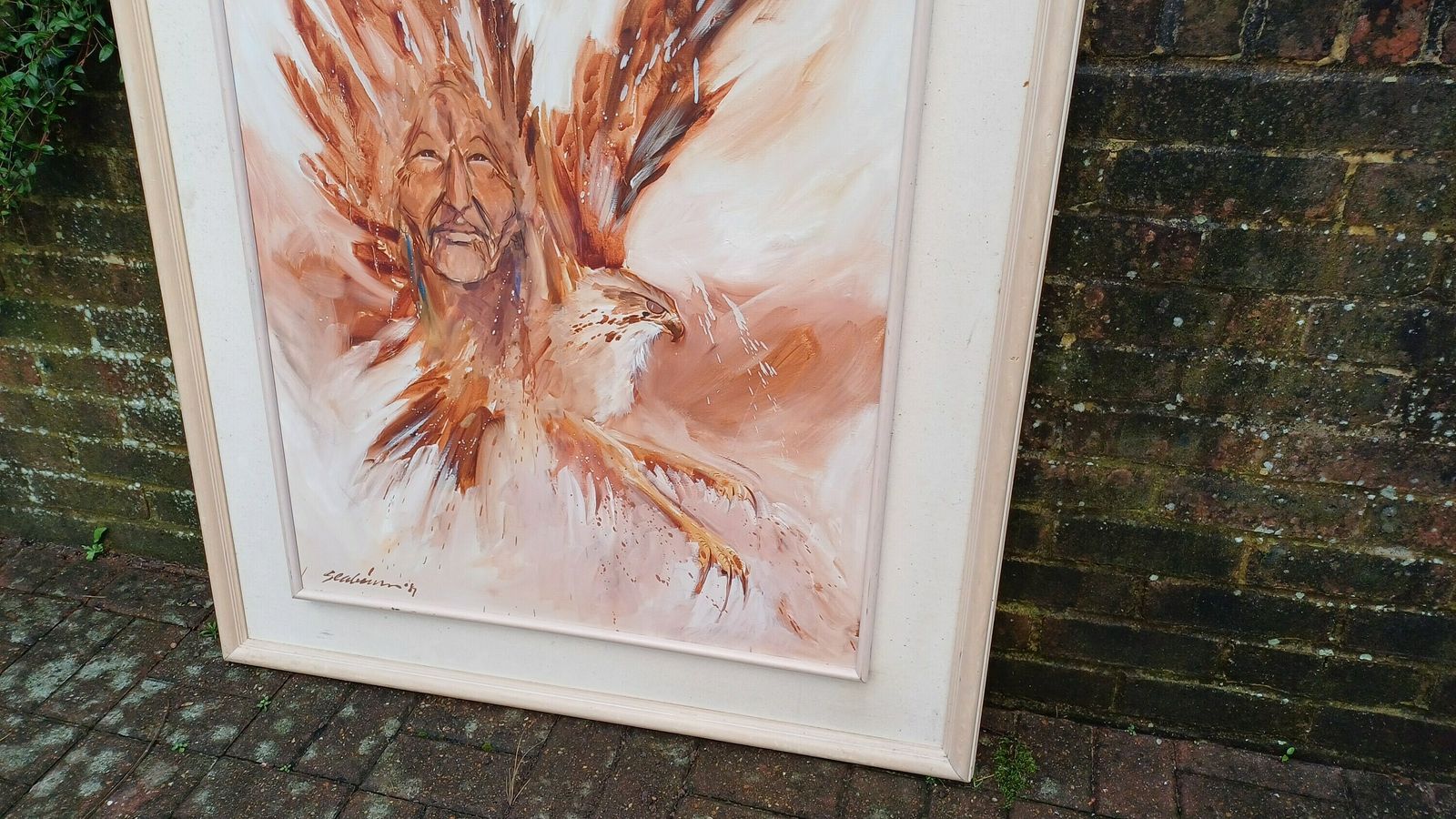 Huge Statement Piece Vintage 1987 Oil Acrylic Native American Nestled Within The Wings Of An Eagle Myths And Legends photo for sale