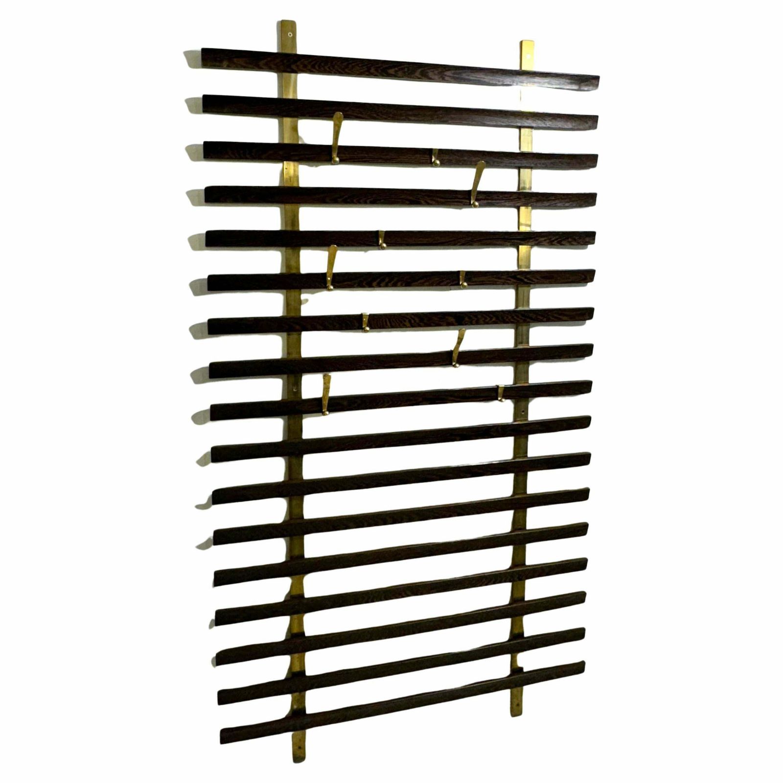 Mid Century Slatted Coat Rack By Jules Wabbes, Brass Hooks, Belgium, 1950s