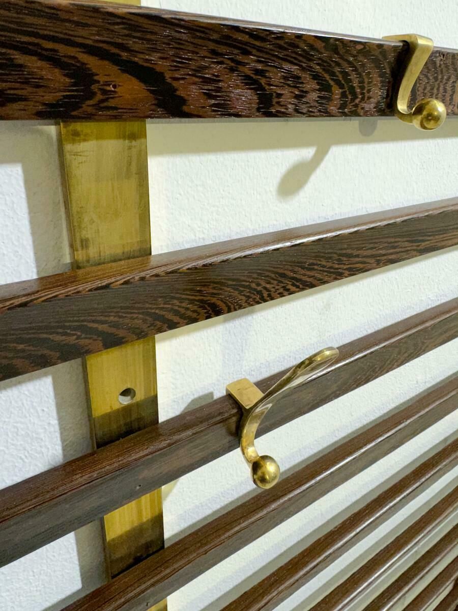 Mid Century Slatted Coat Rack By Jules Wabbes, Brass Hooks, Belgium, 1950s photo Furniture