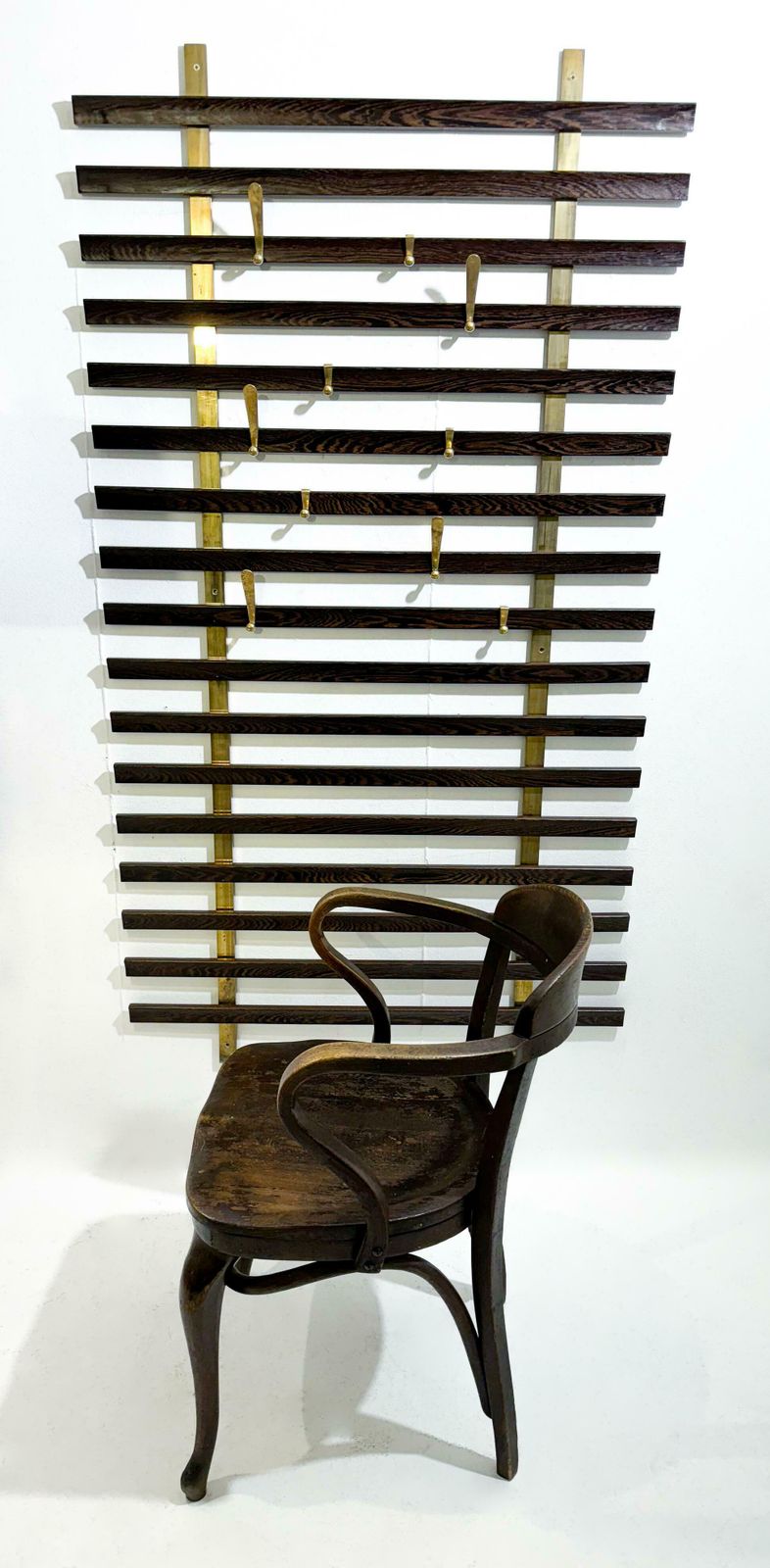 Mid Century Slatted Coat Rack By Jules Wabbes, Brass Hooks, Belgium, 1950s photo buy