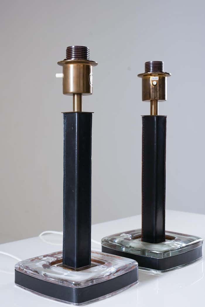Pair Of Mid Century Swedish Table Lamps In Glass And Leather 1960s photo for sale