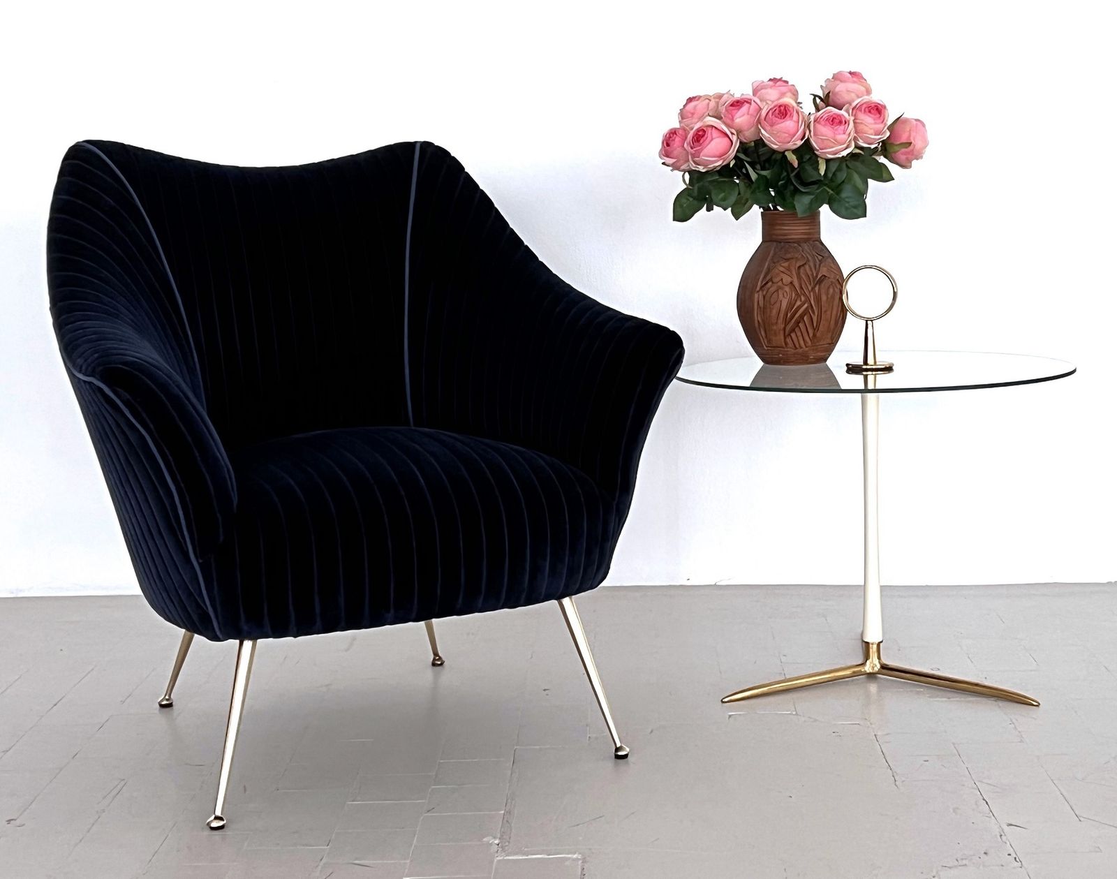 Italian Mid Century Armchair With Brass Legs Reupholstered In Magnificent Blue Velvet photo furniture