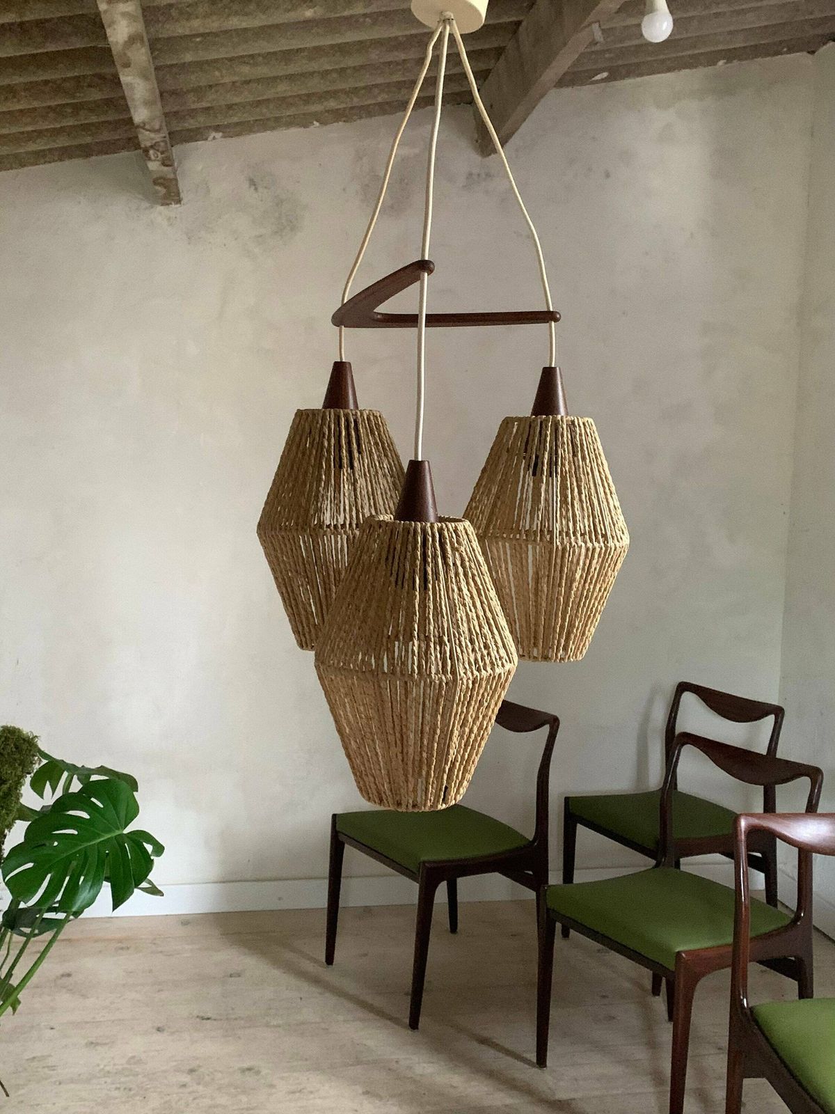 Vintage Scandinavian Boomerang Pendant Light In Teak And Rope photo vinterior
