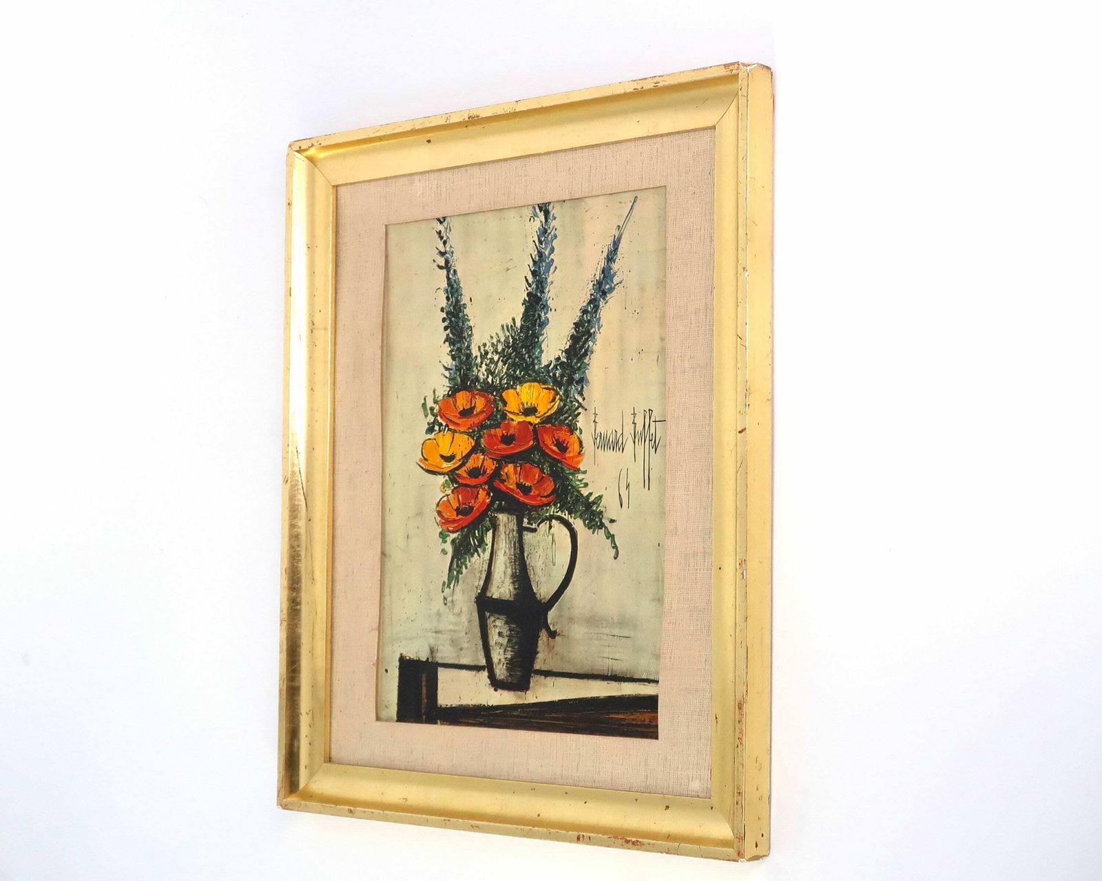 French Framed Vintage Print, Poppy Flowers By Bernard Buffet, 1970s / Bouquet Flower Boho Chic, Still Life Painting photo furniture