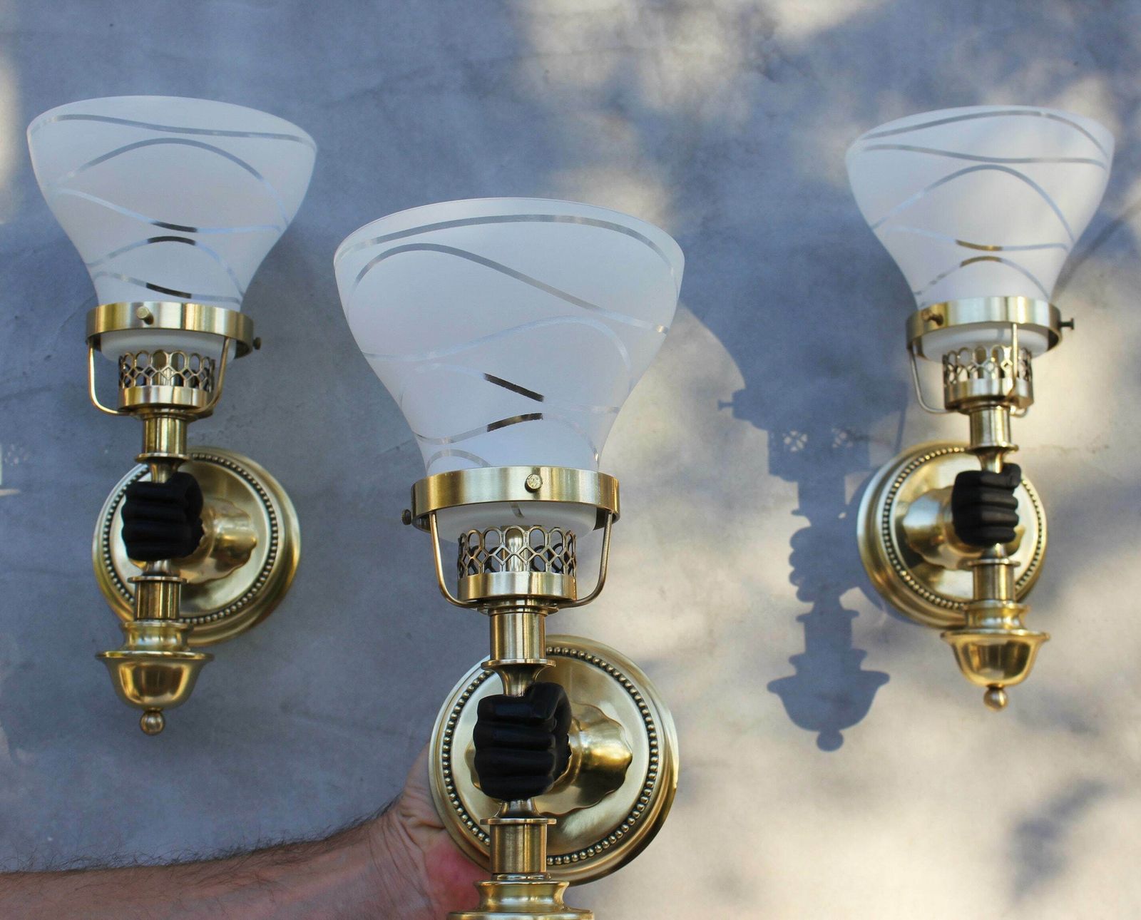 Maison Jansen Style Polished Brass Sconces, Rare Set Of Three Wall Lamps, Hollywood Regency Home Design