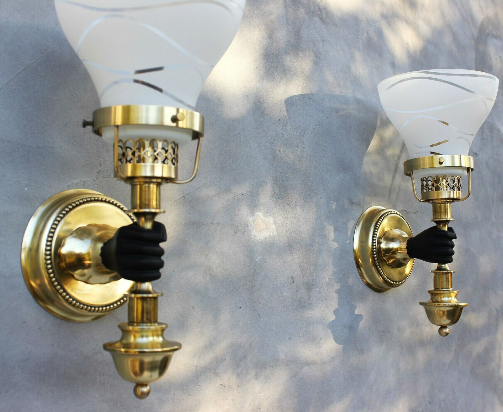 Maison Jansen Style Polished Brass Sconces, Rare Set Of Three Wall Lamps, Hollywood Regency Home Design photo for sale