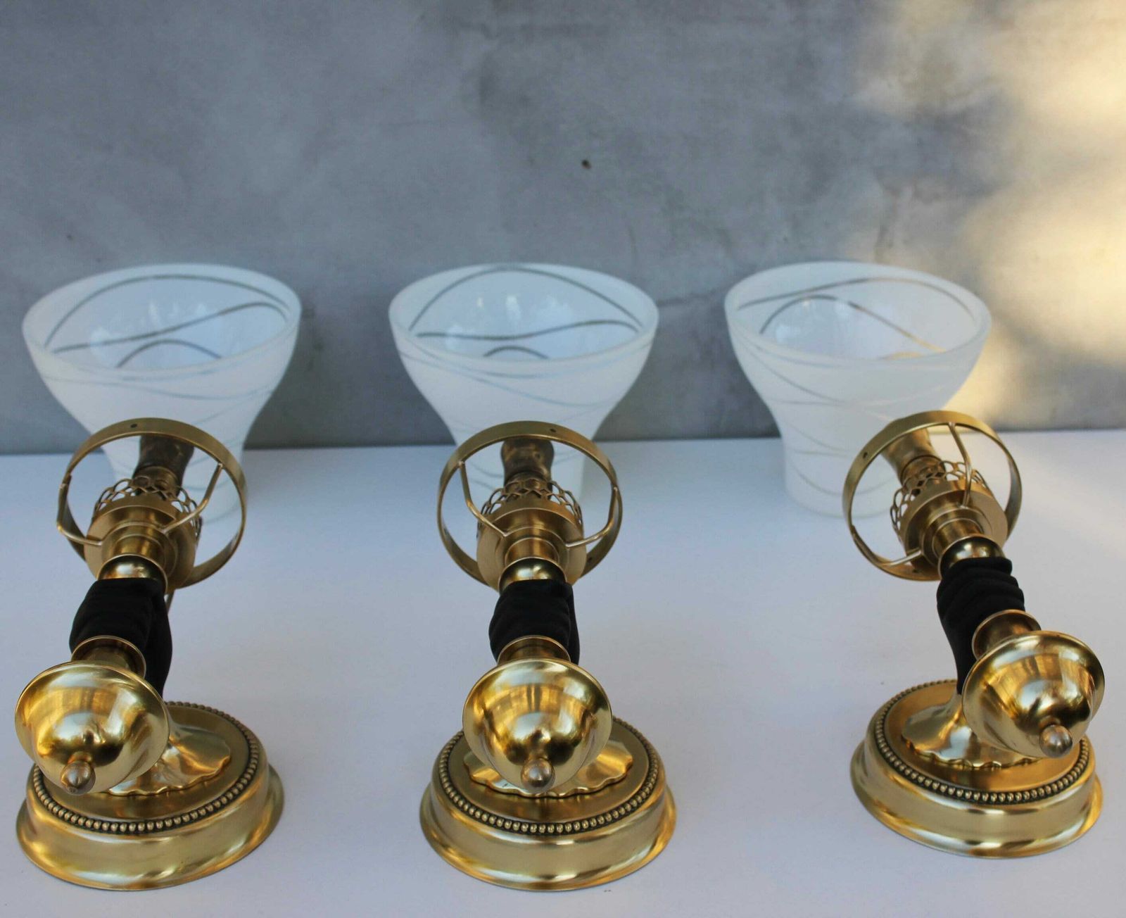 photo furniture Maison Jansen Style Polished Brass Sconces, Rare Set Of Three Wall Lamps, Hollywood Regency Home Design