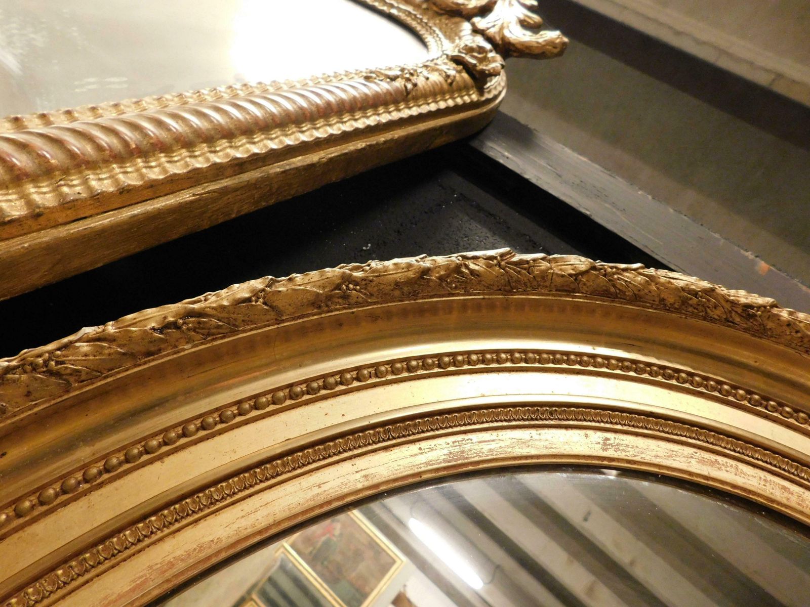 Old Oval Mirror In Gilded Wood Carved, Italy photo buy