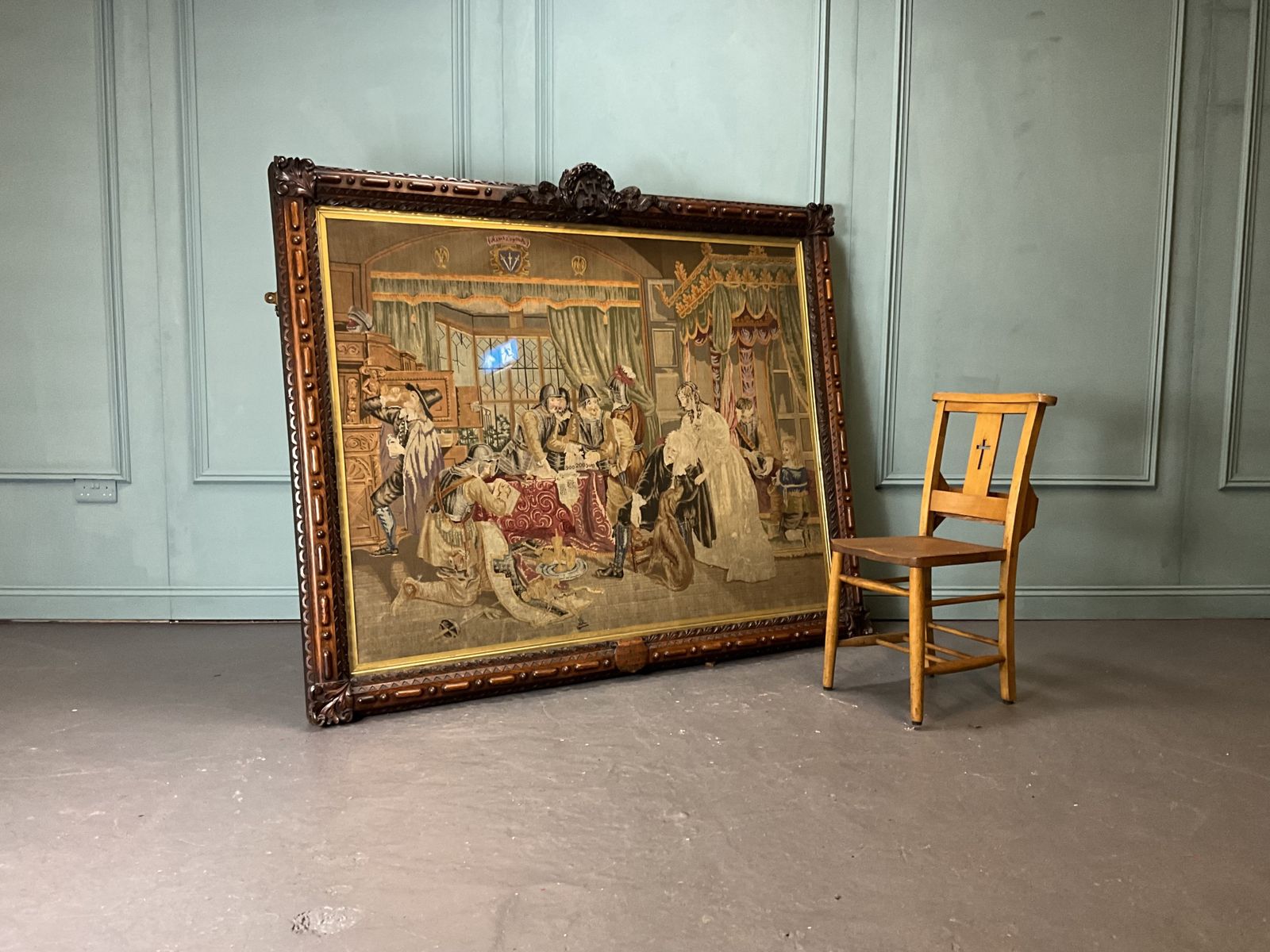 Huge Victorian Tapestry In Ornately Carved Oak Frame. Civil War Interest