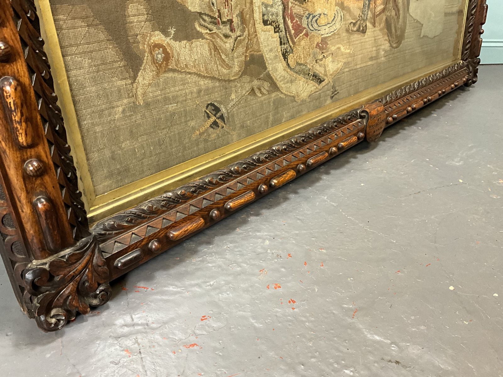 photo furniture Huge Victorian Tapestry In Ornately Carved Oak Frame. Civil War Interest