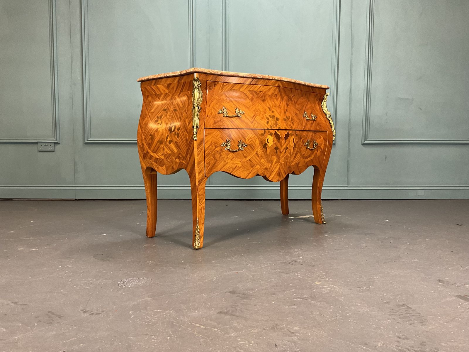 Marble Topped Inlaid Bombe Chest Of Drawers