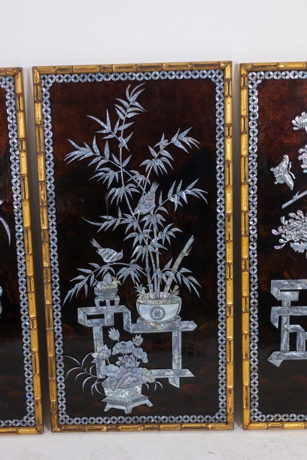 photo for sale Set Of Four Asian Style Lacquer Panels. 1950s.