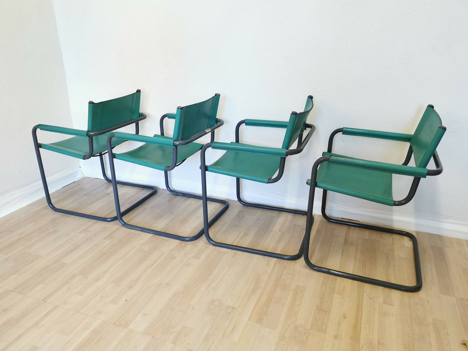 1 Of 4 Vintage Mart Stam Style S34 Armchairs With Turquoise Leather / Mid Century Cantilever Marcel Breuer Black Tubular Blue Dining Chair photo for sale