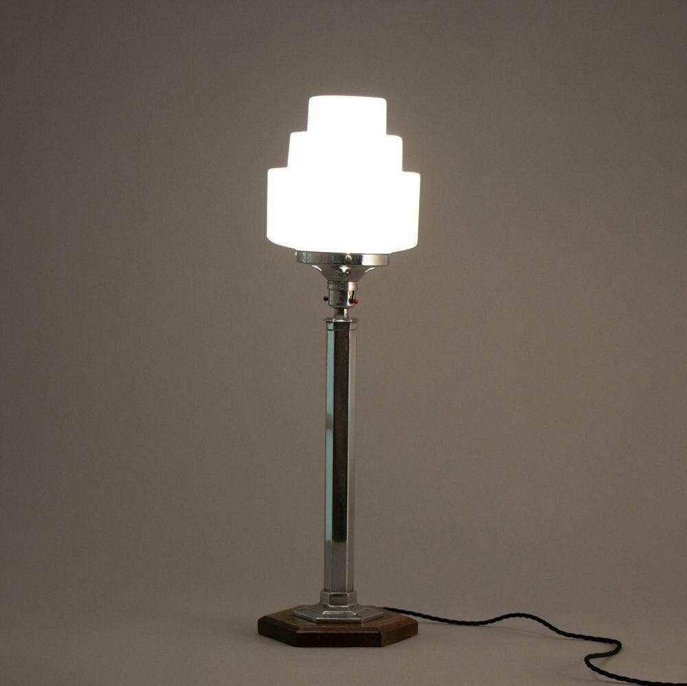 Art Deco Table Lamp On Hexagonal Base With Opal Skyscraper Shade, British C.1930 photo furniture