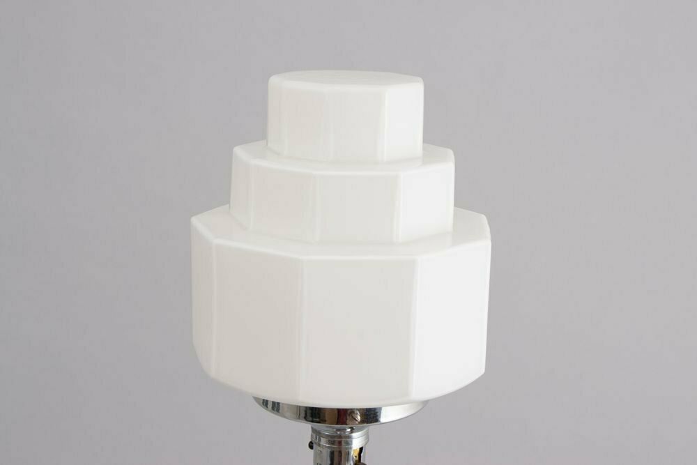 Art Deco Table Lamp On Hexagonal Base With Opal Skyscraper Shade, British C.1930 photo for sale