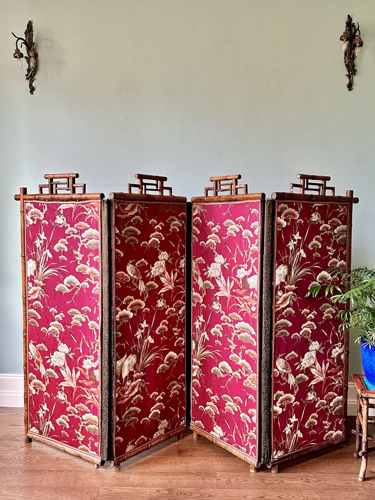 Large C19th Japanese Silk & Bamboo Screen Or Room Divider